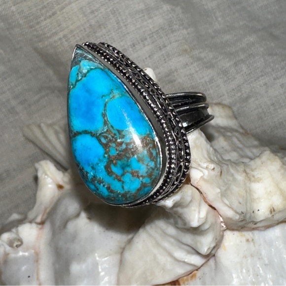 Genuine Kingman Turquoise handcrafted teardrop vintage Ring - Picture 4 of 11